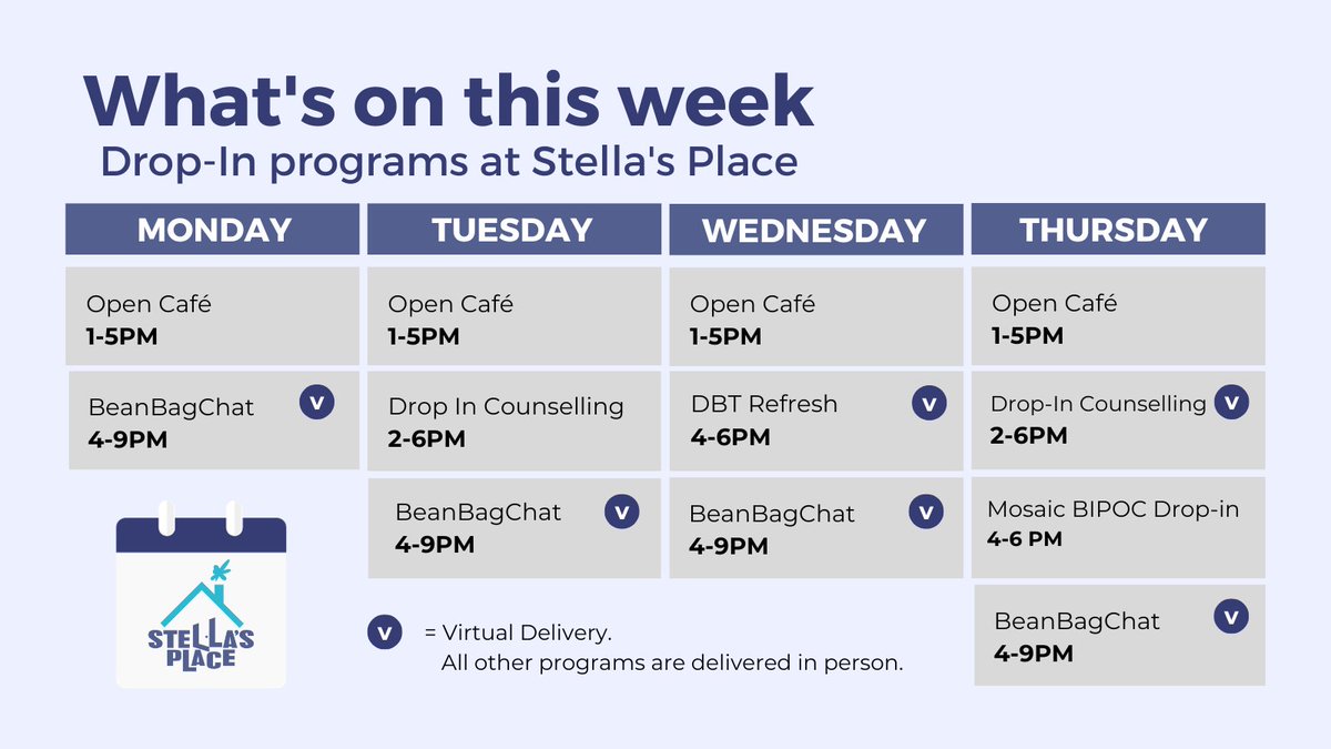 stellasplaceca's tweet photo. Here's an overview of all the Drop-In programs happening at Stella's Place this week! Drop-in programs don't require any intake, and many can be accessed same-day. 

Find out more on our Program Page⬇️
https://t.co/tU5Ax57WkR

#TorontoMentalHealthSupport #YoungAdultMentalHealth https://t.co/i8rm3VLhqm