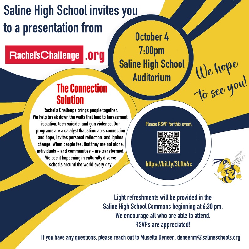 Musetta Deneen (@deneenm12) on Twitter photo Join us on 10/4 at 7pm for an evening with Rachel's Challenge in the Saline High School auditorium. Light refreshments begin at 6:30pm. RSVPs are appreciated!
<a href="/SalineHS/">Saline High School</a> <a href="/SalineSchools/">SalineSchools</a> <a href="/JamesRafko/">James Rafko</a> <a href="/JenBarnard11/">Jen Barnard</a> <a href="/KyleZagata/">Kyle Zagata</a> @Tpalka5 Join us on 10/4 at 7pm for an evening with Rachel's Challenge in the Saline High School auditorium. Light refreshments begin at 6:30pm. RSVPs are appreciated!
<a href="/SalineHS/">Saline High School</a> <a href="/SalineSchools/">SalineSchools</a> <a href="/JamesRafko/">James Rafko</a> <a href="/JenBarnard11/">Jen Barnard</a> <a href="/KyleZagata/">Kyle Zagata</a> @Tpalka5