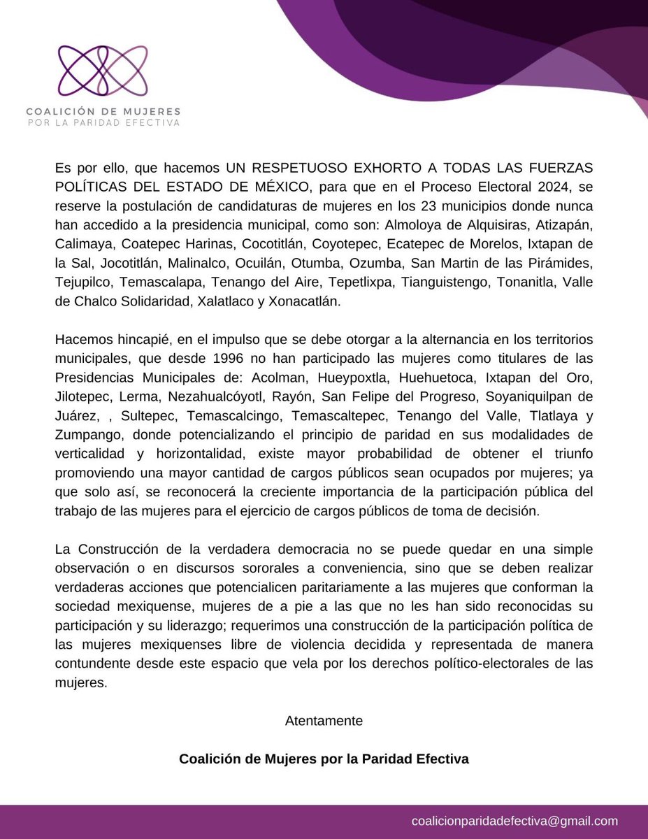 El OPPM de #Edomex realizó un estudio que constata la baja presencia de mujeres al frente de los municipios.
Por ello exhortamos a las fuerzas políticas a hacer valer la paridad horizontal y vertical para incrementar la representación de mujeres en los cargos públicos. 
#Paridad