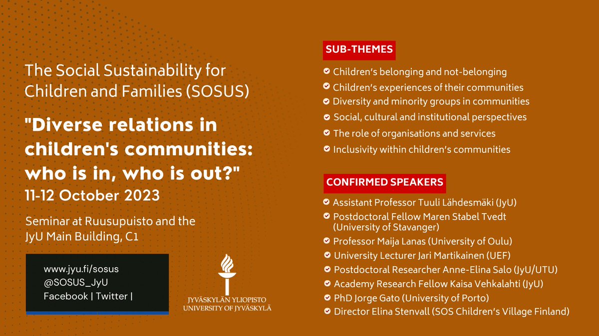 Registration for our open seminar "Diverse relations in children's communities" on 11-12th Oct is now open!  👉 jyu.fi/sosus
<a href="/JYU_WISDOM/">@JYU_Wisdom</a> <a href="/JYUedupsy/">JYU Faculty of Education and Psychology</a> <a href="/JYUhytk/">JYUhytk</a> <a href="/JYUsport_health/">JYU Faculty of Sport and Health Sciences</a> <a href="/jyu_jsbe/">JSBE Jyväskylän yliopiston kauppakorkeakoulu</a> @JYU_Well