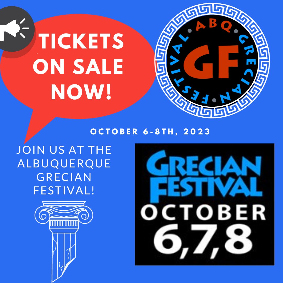 GreekFest_ABQ's tweet photo. TICKETS ARE ON SALE NOW!!! Join us at Greek Fest Oct 6-8th! 

#ABQ #GreekFestival #BalloonFiesta #NMTrue #NewMexicoTrue #ABQGreekFest 

https://t.co/X3o30iqjP6 https://t.co/iUyJx4gTK1