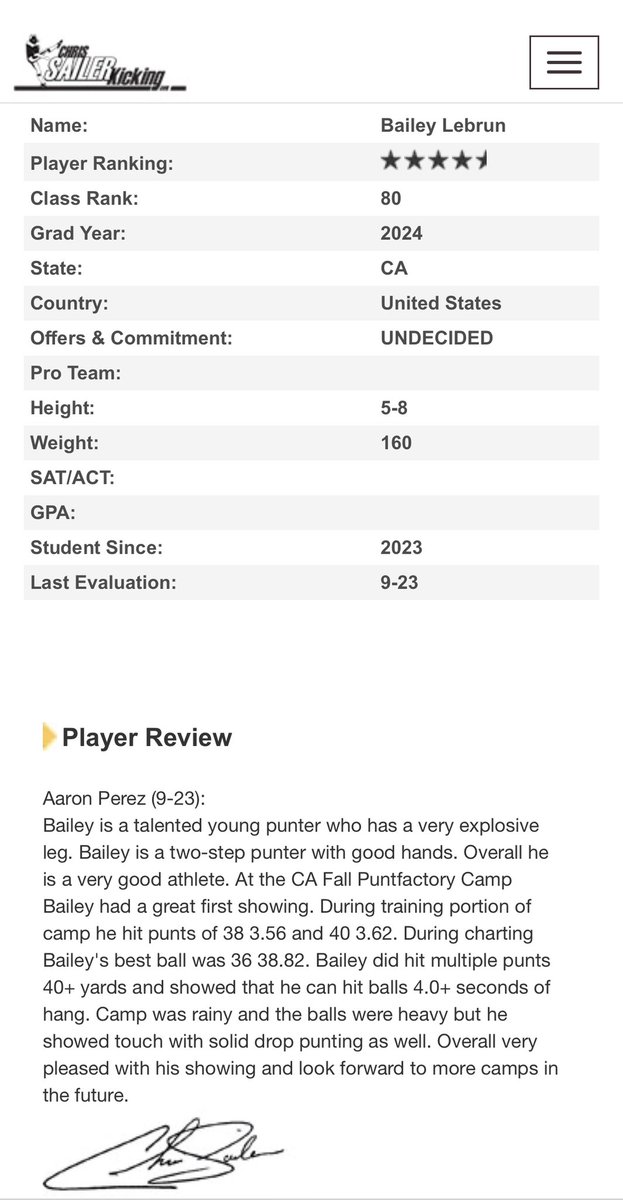 LebrunBailey's tweet photo. I Am thankful to now be ranked a 4.5 ⭐️ from this past CA fall camp. Thank you @ThePuntFactory for your support and guidance. https://t.co/0f6DAY0t5c