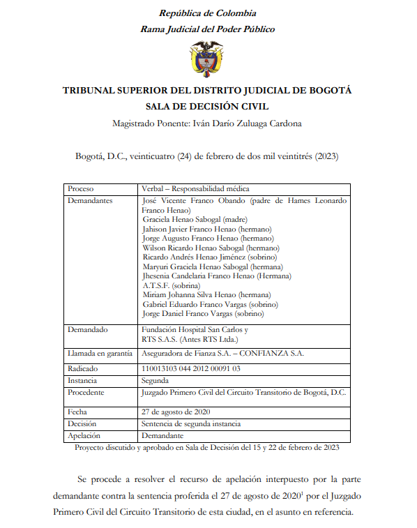 SENTENCIA RECOMENDADA 🗣 

#Civil #Salud

“Responsabilidad médica descansa en el principio general de la culpa probada”: Tribunal Superior de Bogotá

RAD: 00091-03