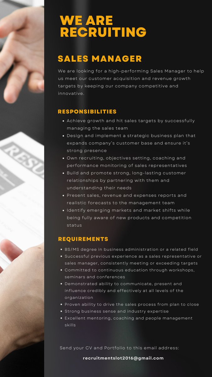 ReliancePerson1's tweet photo. VACANCY
SALES MANAGER
Must have experience in the manufacturing sector Send cv: recruitmentslot2016@gmail.com
#jobseekers #jobtube #jayjobsconnect @findajobghana @Job_goal @jobcentregh @Jobsinghana_job @JoblyGhana @joblemon @jobcentregh @VacanciesGh @ghanajobs @BotsJob https://t.co/c5WvHbdBoC