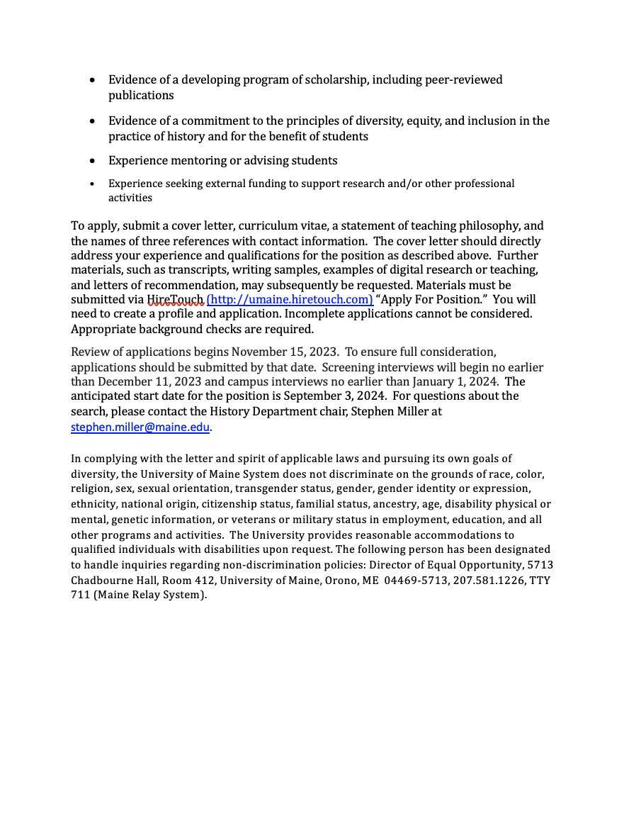 UMaineHistory's tweet photo. The Department of History at the University of Maine invites applications for a tenure-track, academic-year, assistant professor in 20th Century U.S. History. Experience in digital history is preferred. For more information, see the attached job advertisement. https://t.co/eMposQtaoS