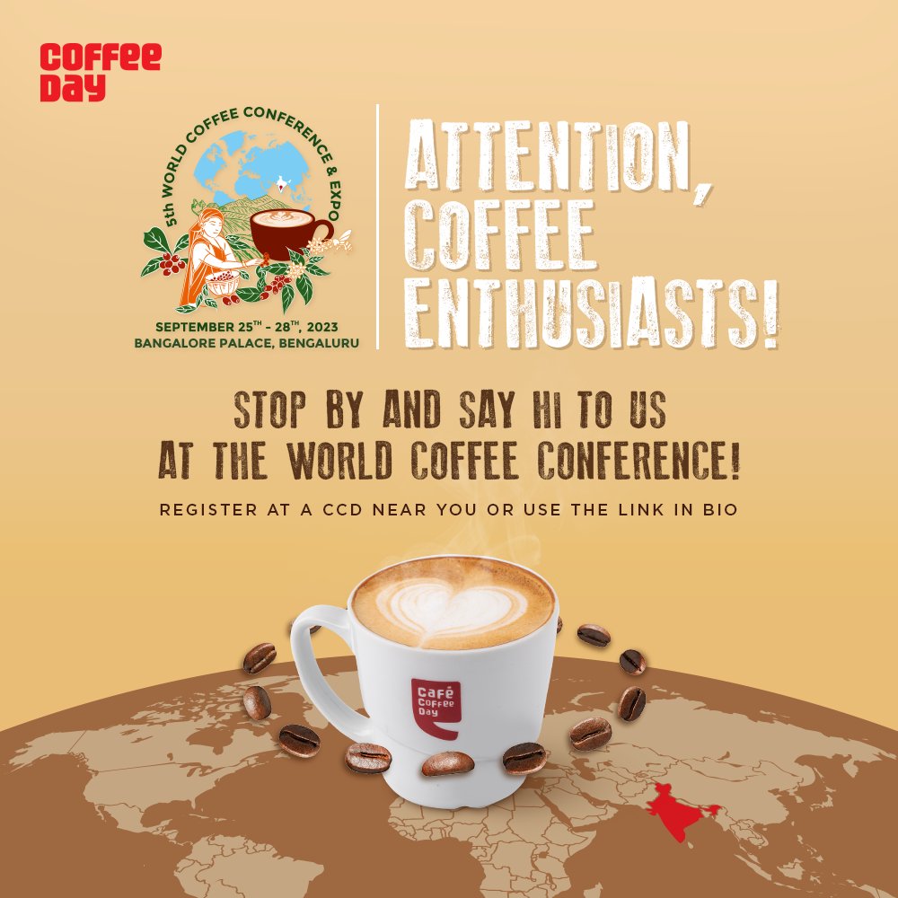 Get ready for the 5th World Coffee Conference happening at the Bangalore Palace on 25th-28th September. Check out the Coffee Day's stall at the event. Register now at your nearest CCD or by using the link - wccindia2023.com/delegates-regi… #CCD #worldcoffeeconference #coffee #bangalore