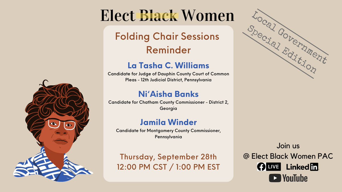 Pull up a chair on Thursday, September 28th, and join us for an inspiring conversation and virtual fundraiser where we highlight women changing the political landscape. This week features Jamila Winder, <a href="/NBanks4Chatham/">Ni'Aisha Banks</a> and <a href="/LCherene/">La Tasha C. Williams</a> 

Register here: ow.ly/s8JZ50PMgP9