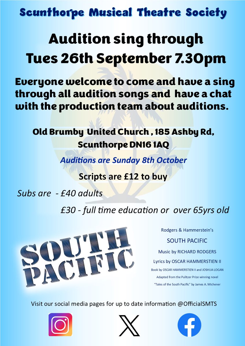 Don't miss our audition sing through tomorrow!
 Everyone welcome!
#southpacific
#musicaltheatre
#musicals
#scunthorpemusicaltheatresociety
#officialsmts