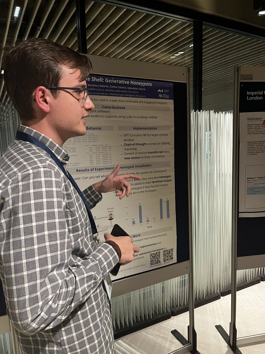 mrigaki's tweet photo. “LLM in the Shell: Generative Honeypots” @MurisSladic is presenting the poster at #ESORICS Here is a short demo video of the honeypot. https://t.co/YU0nUIDvxe @StratosphereIPS https://t.co/KQU9HbB63m
