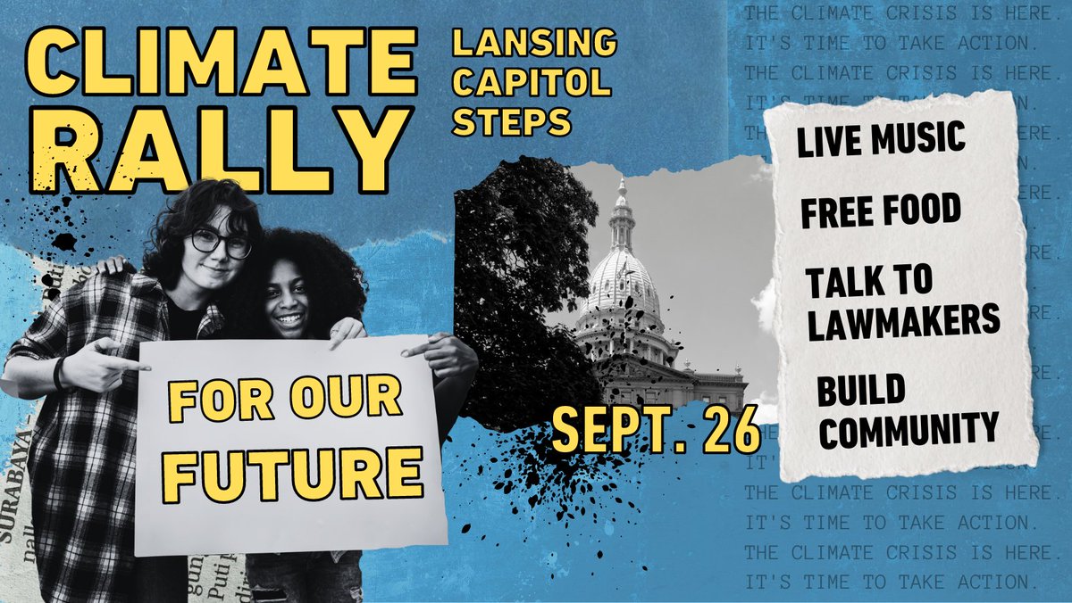 TOMORROW 🚨 Demand climate action on the Capitol lawn. Join us in Lansing to rally for our futures! Free food, music, and climate action. Register here: mobilize.us/michiganlcv/ev…