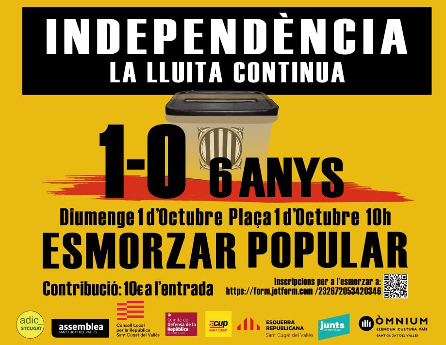 #Independència #LaLluitaContinua #1oct Ens trobem a la plaça 1 d’Octubre, a les 10. Convoquen: @adic_scv + @ANCsant_cugat + @CDRepublica + @CLxRSantCugat + @cupsantcugat +@ercsantcugat + @juntsxstc + @omniumstc.