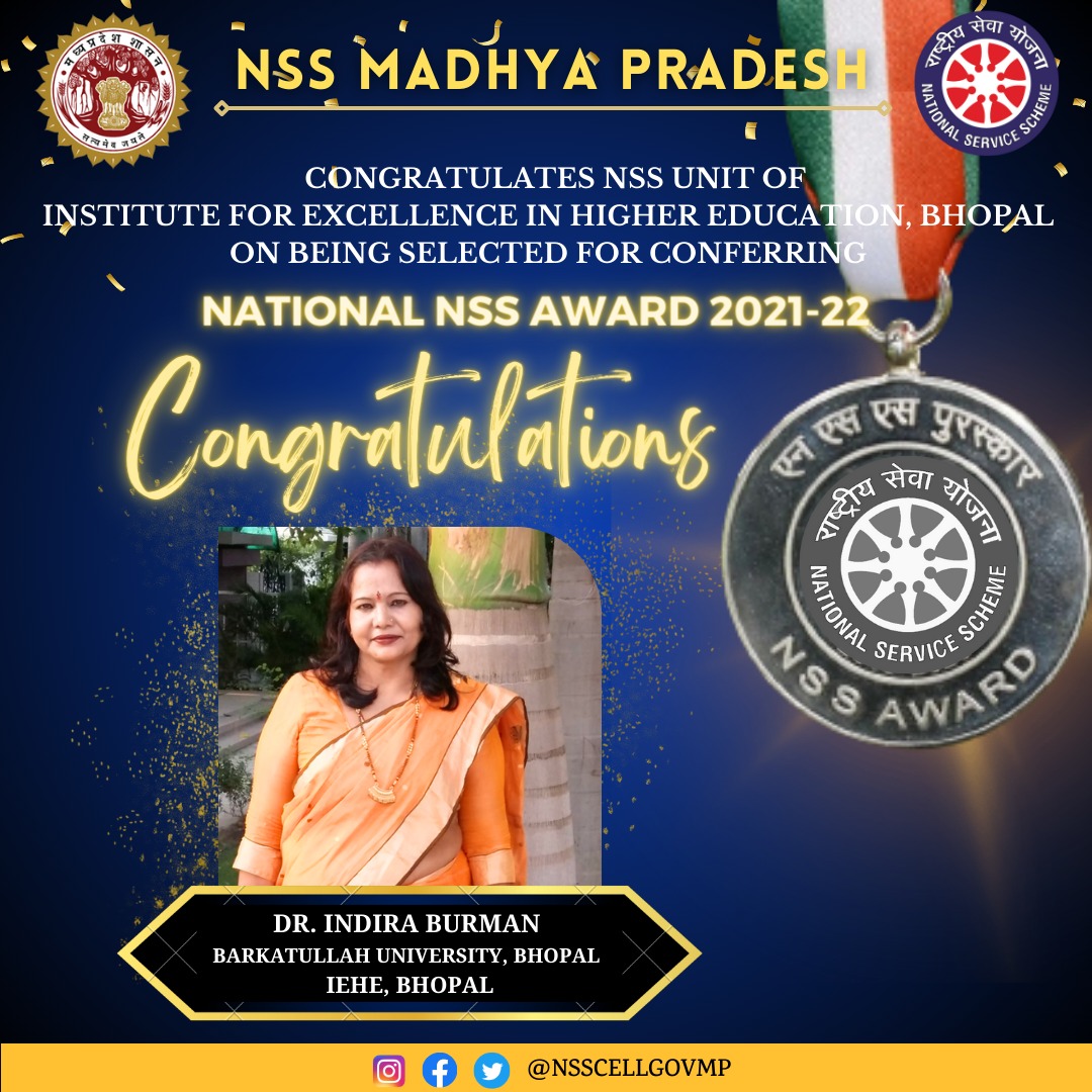 NSSCELLGOVMP's tweet photo. शिक्षा के साथ-साथ स्वैच्छिक समाज सेवा के कार्यों को मान्यता देने हेतु भारत सरकार, युवा कार्यक्रम खेल मंत्रालय के  सर्वोच्च रासेयो पुरस्कार वर्ष 2021-22 हेतु म प्र के@NSSBUBhopalMP से कार्य.अधिकारी डॉ इंदिरा वर्मन एवं स्वयं सेवक अक्षिता शर्मा एवं@nssrdvvjbp अंकित लखेरा का चयन
किया https://t.co/ZGO5e7wCdH