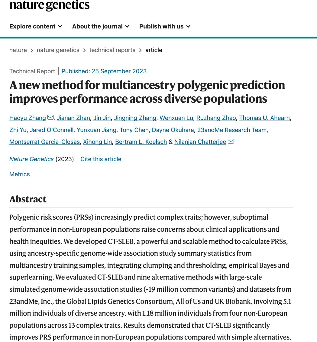 Haoyu Zhang (@andrewhaoyu) on Twitter photo Our new multi-ancestry PRS paper is now on Nature Genetics: nature.com/articles/s4158…! Thanks for the guidance from <a href="/nilanjan10c/">Nilanjan Chatterjee</a> <a href="/XihongLin/">Xihong Lin</a> . Also huge thanks to all the amazing collborators: <a href="/JiananZhan/">Jianan Zhan</a> <a href="/Jin_10ustc/">Jin Jin</a> <a href="/JingningZhang35/">Jingning Zhang</a> and all others 1/X. Our new multi-ancestry PRS paper is now on Nature Genetics: nature.com/articles/s4158…! Thanks for the guidance from <a href="/nilanjan10c/">Nilanjan Chatterjee</a> <a href="/XihongLin/">Xihong Lin</a> . Also huge thanks to all the amazing collborators: <a href="/JiananZhan/">Jianan Zhan</a> <a href="/Jin_10ustc/">Jin Jin</a> <a href="/JingningZhang35/">Jingning Zhang</a> and all others 1/X.