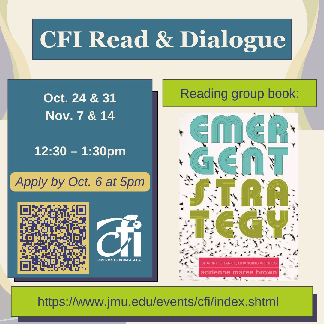 jmuCFI's tweet photo. Build community through a Read and Dialogue on Emergent Strategy: Adrienne Maree Brown’s book on “right relationship with change.” Apply by Oct 6 at 5pm to join, you can sign up at: https://t.co/50eJEzjc9p
#BuildCommunity #ReadandDialogue #EmergentStrategy #SignUptoday https://t.co/06hlDQJv38