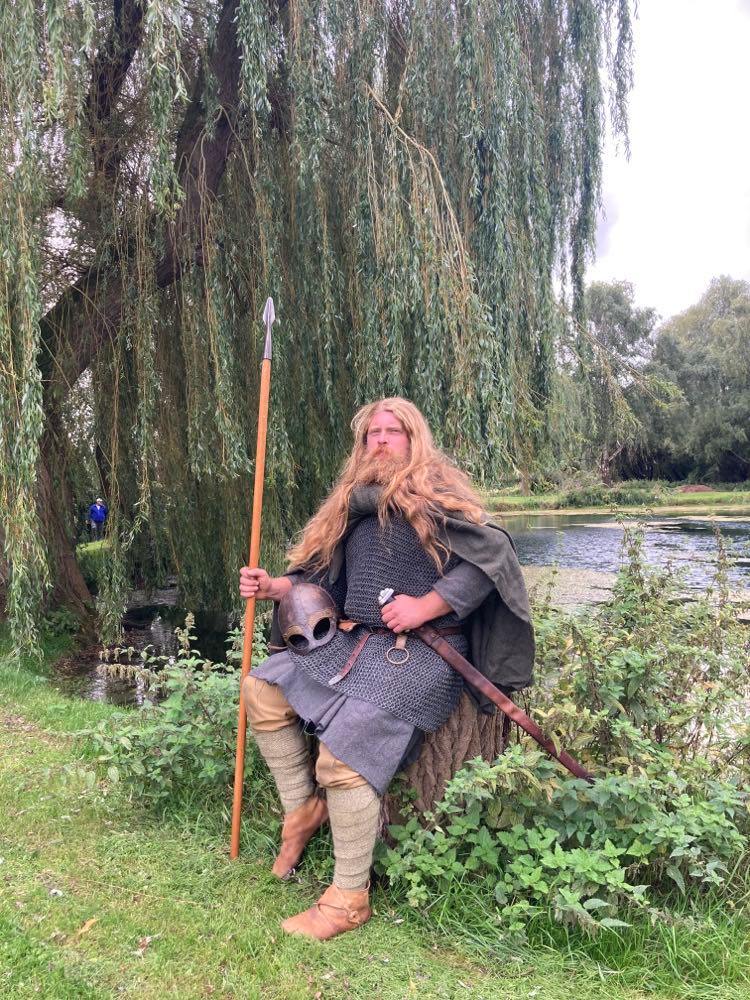 Hereward relaxing in Wellhead Park Bourne commemorating Hereward's Return from exile 956 yrs ago Sept'  1067-2023.
Reenactor Rory G toured South Lincs as Hereward, visiting places associated with the Hereward legend inc' site of Bourne Castle aka Hereward's Castle, in local lore.