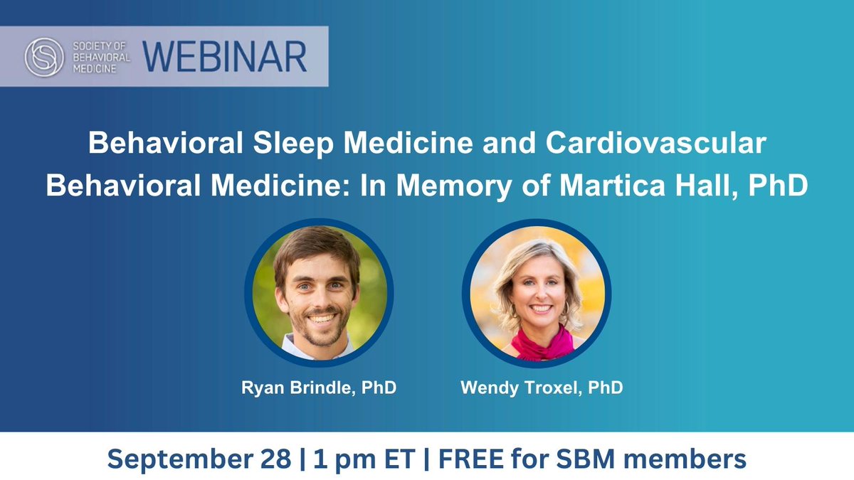 BehavioralMed's tweet photo. Upcoming Webinar! 9/28 @ 1 pm ET

A tribute to Dr. Martica Hall's work in sleep &amp; cardiovascular research. Hear from those she influenced and explore future science, practice, and policy directions on sleep and cardiovascular health. https://t.co/ZAmftdCg81