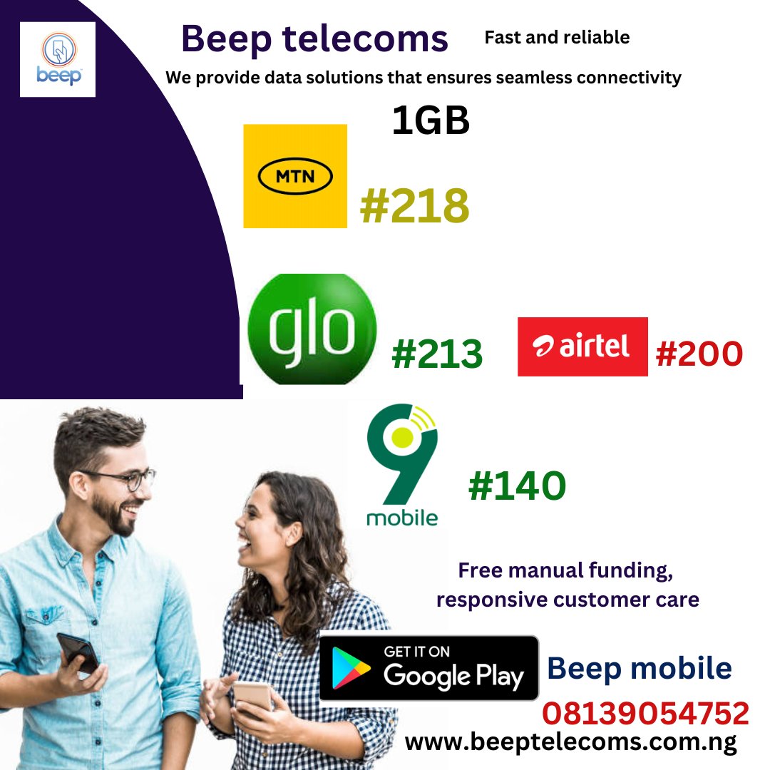 🚀 

Get MORE for LESS with our exclusive data deals:
✨ MTN 1GB - #218
✨ Glo 1GB - #213
✨ Airtel 1GB - #200
✨ 9mobile 1GB - #140

 Download our app from the Google Play Store now: 📲
 play.google.com/store/apps/det…

👉 
🌐 Visit our website at beeptelecoms.com.ng