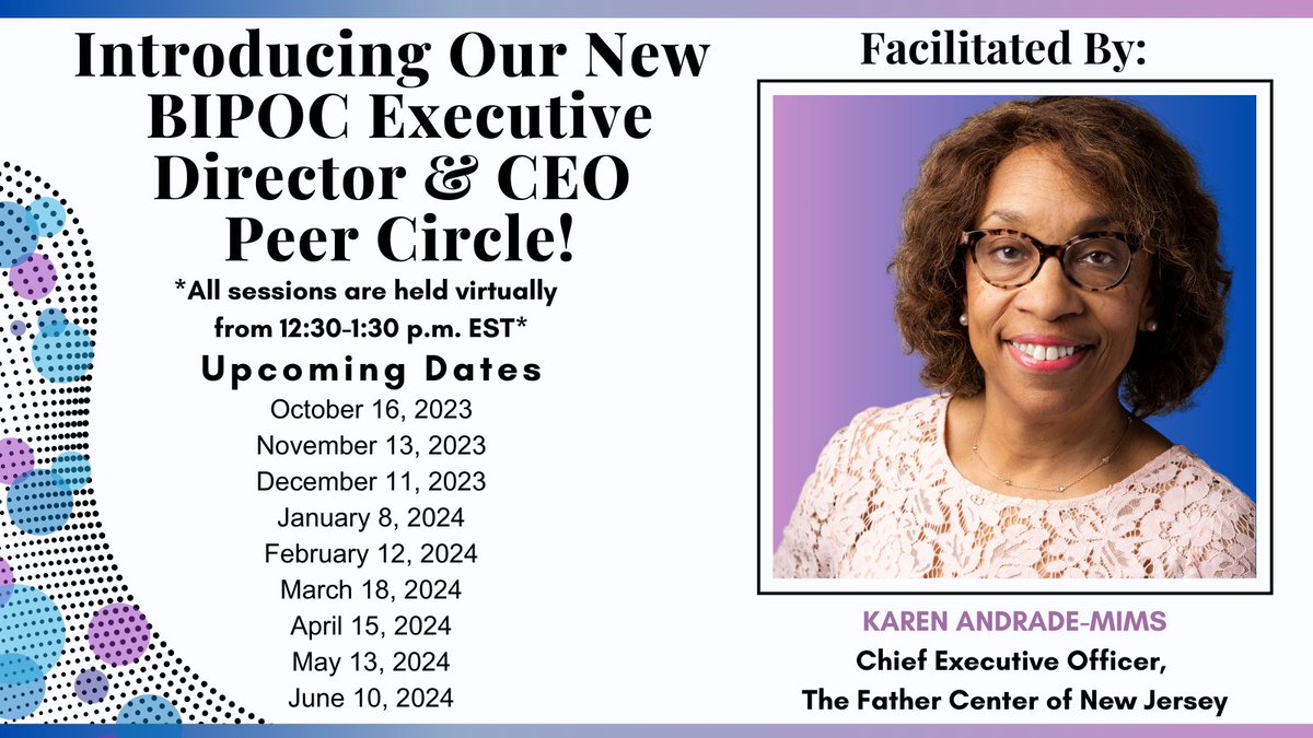 NPConnectNJ's tweet image. We're thrilled to announce our new BIPOC Executive Director and CEO Peer Circle!  Karen Andrade-Mims, CEO of The Father Center of New Jersey, will facilitate this virtual peer circle. The first session is on 10/16 at 12:30 p.m. Sign up here: ow.ly/Zy4950POTck