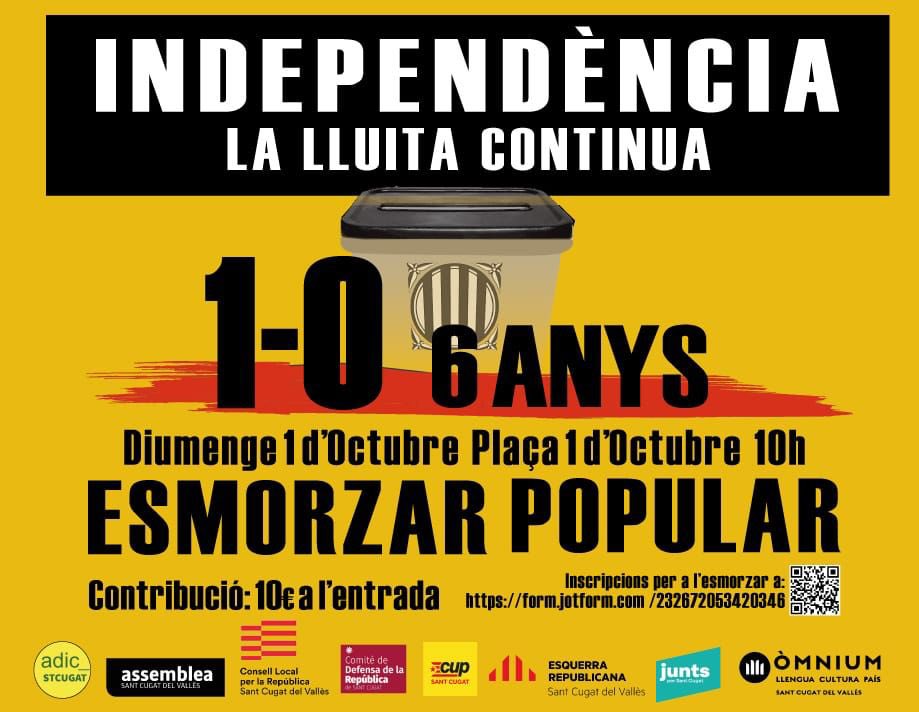 Commemorem l'U d'octubre a Sant Cugat! Amb un acte UNITARI, que ens recorda que la lluita continua. Reivindicarem el major acte col·lectiu i de país, que va fer palès la determinació d'un poble, encara ben vigent, per assolir la llibertat i la República Catalana! #1O #SantCugat