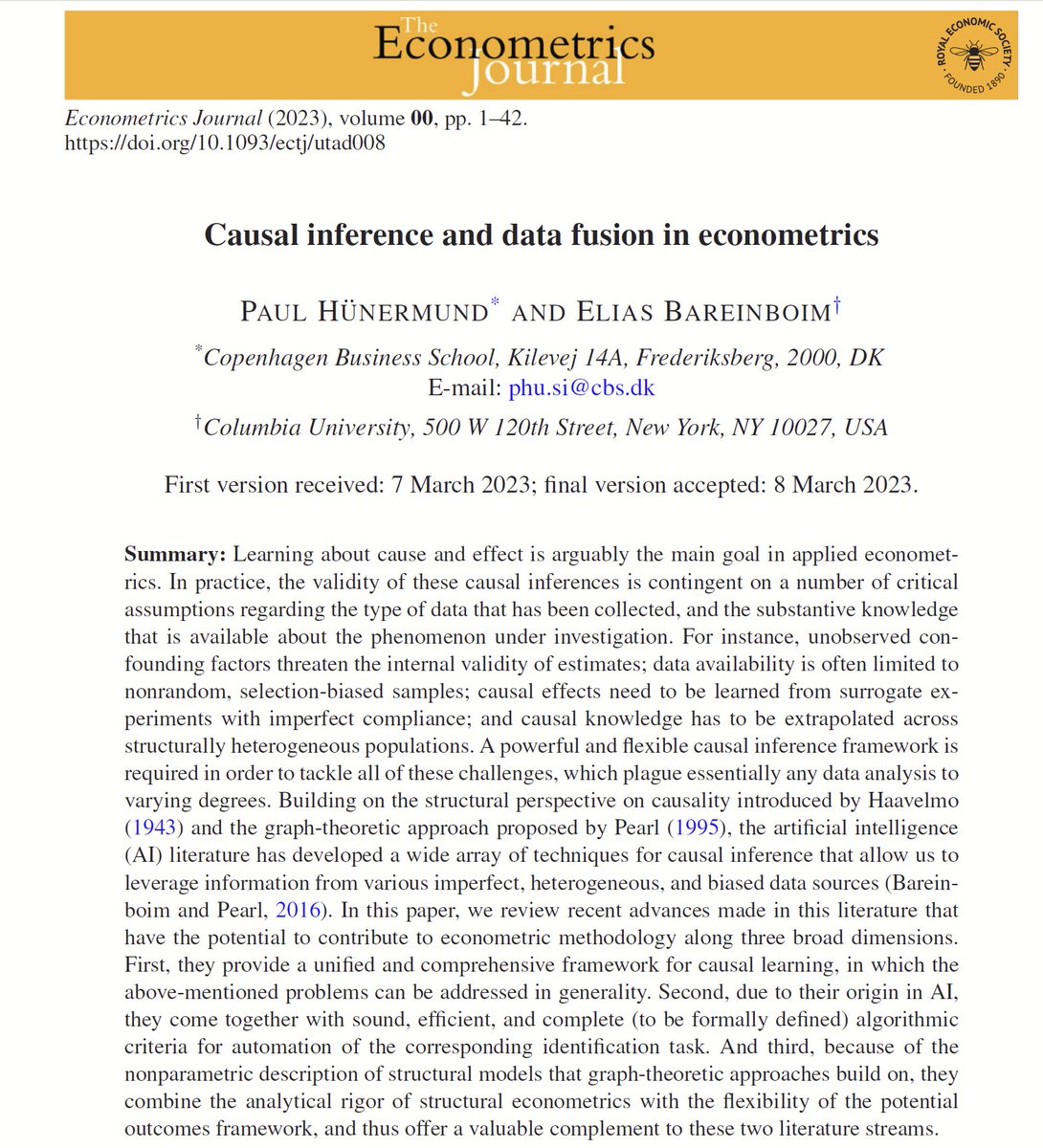 Hi #EconTwitter! 

For those interested in causal inference in the presence of big data, check out these #PNAS and #ECTJ papers by @yudapearl, @eliasbareinboim and @PHuenermund. 

Interesting insights on data fusion and the merging of #ArtificialIntelligence with #econometrics.…