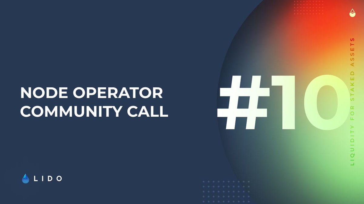 LidoFinance's tweet photo. Lido Node Operator Community Call #10 is coming up tomorrow at 17.00 UTC 🏝️ 

1⃣ Ethereum Wave 5 onboarding + DVT Testnet #3
2⃣ @Nero_Eth: Ethereum ReOrg Dashboard / Statistical Analysis
3⃣ @nethermind: Phase 2 Research Update
4⃣ @cubistdev: Secure Key Management Solution https://t.co/8UbpUe8QR8