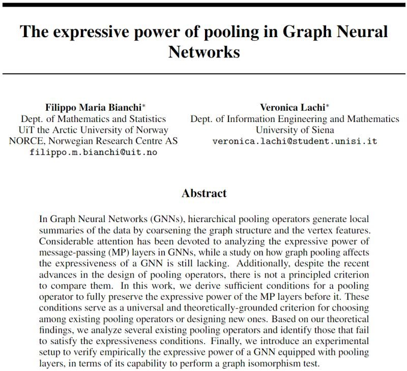 Veronica Lachi (@lachiveronica) on Twitter photo 🚀Exciting news! "The Expressive Power of Pooling in Graph Neural Networks" by <a href="/FilippoMariaBi1/">Filippo Maria Bianchi</a> and me, has been accepted at <a href="/NeurIPSConf/">NeurIPS Conference</a> and it's been chosen as one of the top 4 papers for an oral presentation at #mlg workshop during <a href="/ECMLPKDD/">ECML PKDD</a>!
#NeurIPS2023 #GNN 📚 💻 🚀Exciting news! "The Expressive Power of Pooling in Graph Neural Networks" by <a href="/FilippoMariaBi1/">Filippo Maria Bianchi</a> and me, has been accepted at <a href="/NeurIPSConf/">NeurIPS Conference</a> and it's been chosen as one of the top 4 papers for an oral presentation at #mlg workshop during <a href="/ECMLPKDD/">ECML PKDD</a>!
#NeurIPS2023 #GNN 📚 💻
