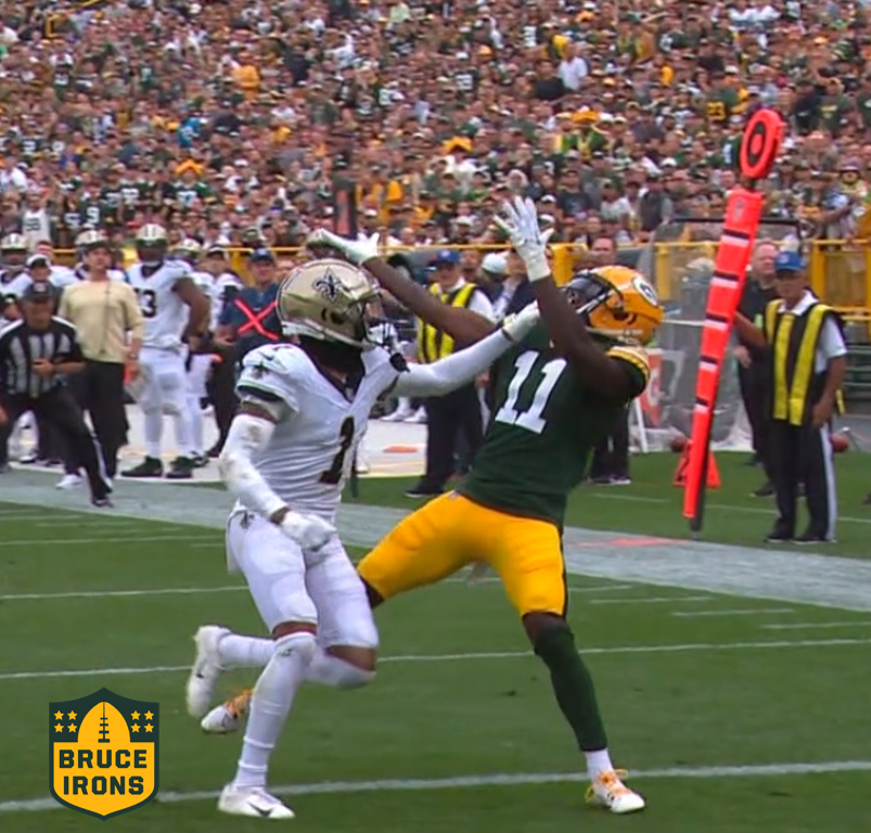 BruceIronsNFL's tweet photo. The NFL really made the #Packers - Saints announcers sit up in the booth and say things like "no contact there" and "great coverage without touching him" on all these plays: https://t.co/rmIIhAmmGZ