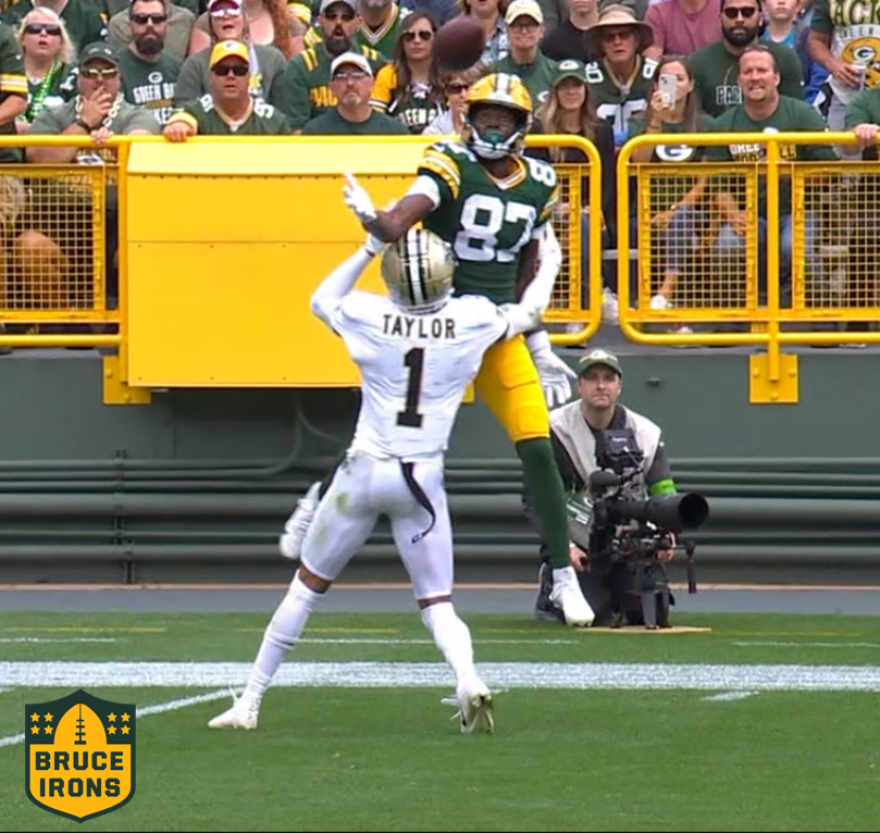 BruceIronsNFL's tweet photo. The NFL really made the #Packers - Saints announcers sit up in the booth and say things like "no contact there" and "great coverage without touching him" on all these plays: https://t.co/rmIIhAmmGZ