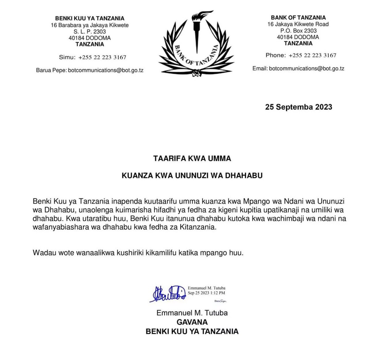 TAARIFA KWA UMMA