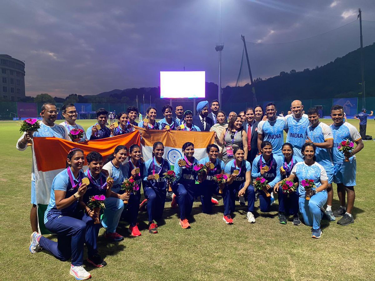 narendramodi's tweet photo. The women’s cricket team makes us proud! 

Congratulations to them on winning the Gold and that too in their debut Asian Games. 

They have played wonderfully. 
Their incredible dedication and dexterity were on full display. 

Best wishes for their future endeavours. https://t.co/iAAsZqkI5T