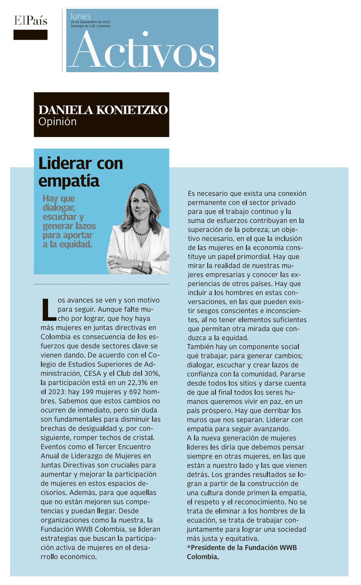 En Fundación WWB Colombia, lideramos estrategias que buscan la participación activa de #mujeres en el #desarrollo #económico. 

Resaltamos la importancia de participar en eventos como el Tercer Encuentro Anual de Liderazgo de Mujeres en Juntas Directivas organizado por <a href="/CESA_edu/">CESA</a>