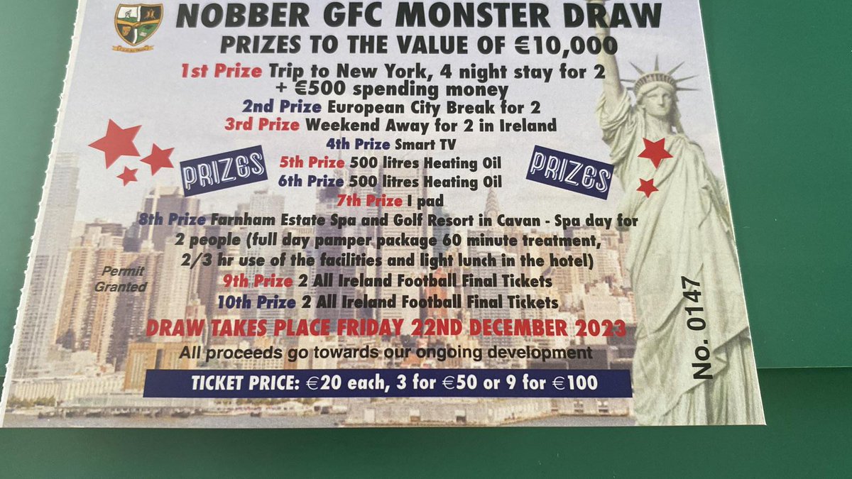 Would you like to win a trip to New York, a European city break, a weekend away in Ireland, a spa day, or head to Croke Park on All Ireland final day? Look no further than the Nobber GAA Monster Draw! Thank you for your support & the very best of luck member.clubspot.app/club/nobber-gf…