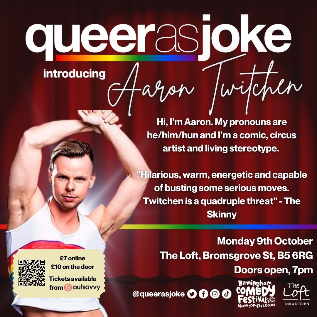🏳️‍🌈 Tickets in bio!! 🏳️‍🌈

We’ve only bloody gone and gotten <a href="/AaronTwitchen/">Aaron Twitchen 🎉</a> for queer as joke with <a href="/BhamComFest/">Bham Comedy Festival</a> !! Can’t wait to see him there!!