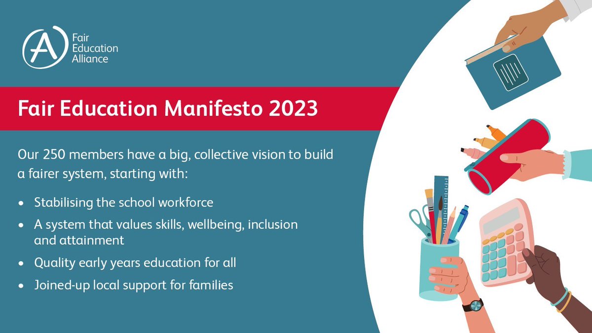 Our #FairEdManifesto launches today - a cross-sector vision for a fairer system that supports every child to thrive. Together, we urge policymakers to prioritise education in the next general election. See our four main priorities below & read more here: bit.ly/fair-education…