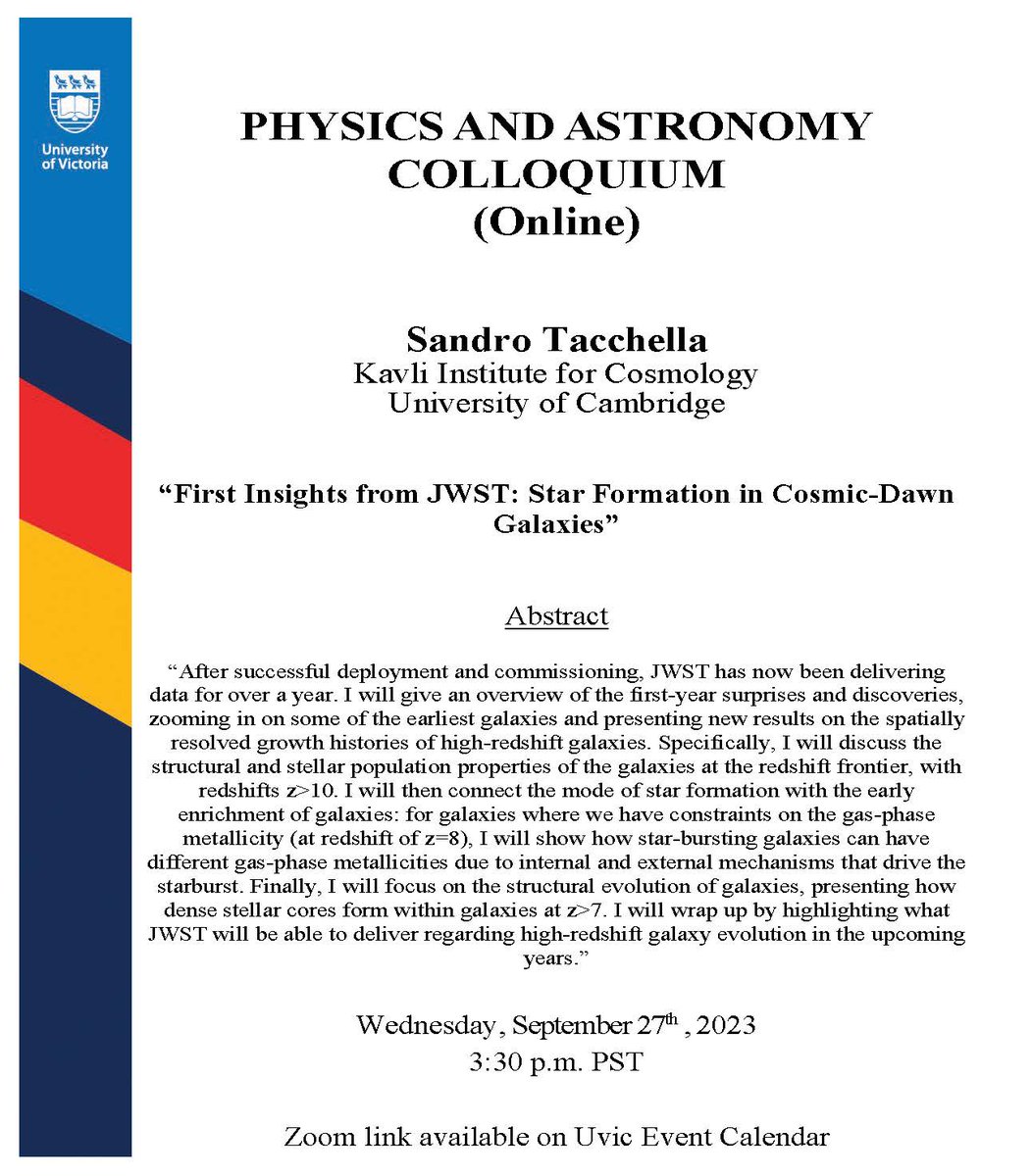 COLLOQUIUM (Online): Dr. Sandro Tacchella, will give an online colloquium on Wednesday, September 27th at 3:30pm PST. For more information: events.uvic.ca/physics/event/…