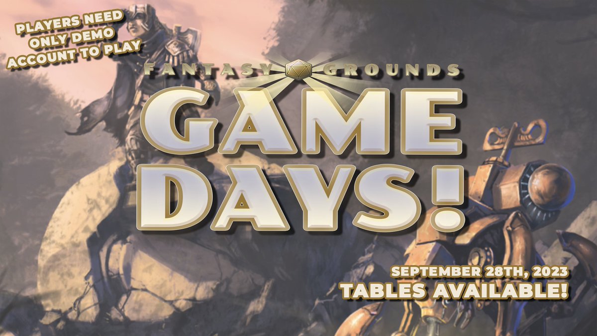 FantasyGrounds2's tweet photo. Fantasy Grounds Game Day
Thursday, September 28th
Try out new rulesets and Fantasy Grounds.
The games are Dungeon Crawl Classics & Shadow of the Demon Lord.
This is a Free event!
https://t.co/55O1r9rrvO
#FGGameDays #VTT #DCC #rpg #SotDL https://t.co/je3KtU2Lmv