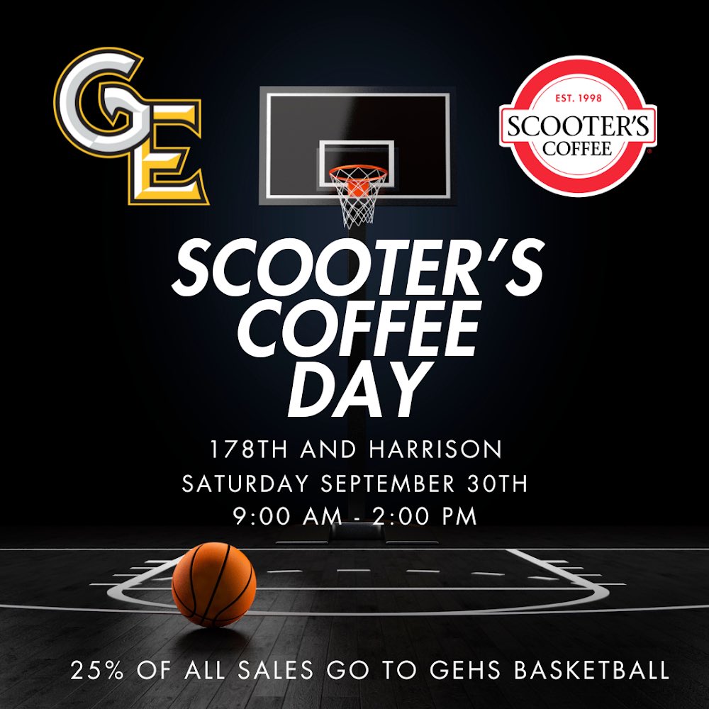 GEHSBBBoosters's tweet photo. Can’t think of a better way to end homecoming week than a drink from Scooter’s. Swing by the @scooterscoffee at 178th and Harrison this Saturday (9/30) and mention Gretna East Basketball and 25% of the sales will go towards supporting our girls and boys basketball teams. https://t.co/DA7wxZHG7M