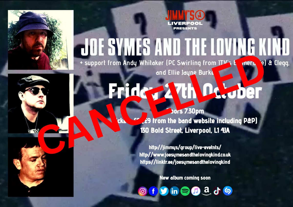 We regret to announce that our gig at @JimmysLiverpool on Friday the 27th October has been cancelled due to the venue closing this Saturday. 

All those who purchased tickets both physically and online will be refunded from this weekend onward.

Future gigs to be announced soon.