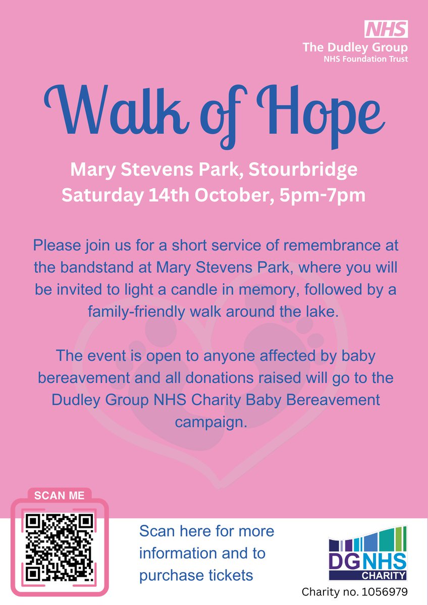 Walk of Hope event will be held on Sat 14th Oct 5-7pm at Marys Stevens Park! Tickets are £5 for adults & free for children - funds raised will support @DGNHSCharity Baby Bereavement Campaign @hollyhaden03 @DudleyMaternity @DudleyGroupNHS @Dgftchaplaincy @dudleymbc come along!