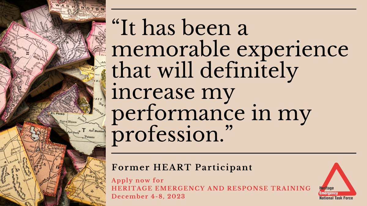 #HEART2023 applications are due this week! Learn more and submit your Heritage Emergency and Response Training application by September 28: culturalrescue.si.edu/what-we-do/res… @fema @smithsonian @HENTF