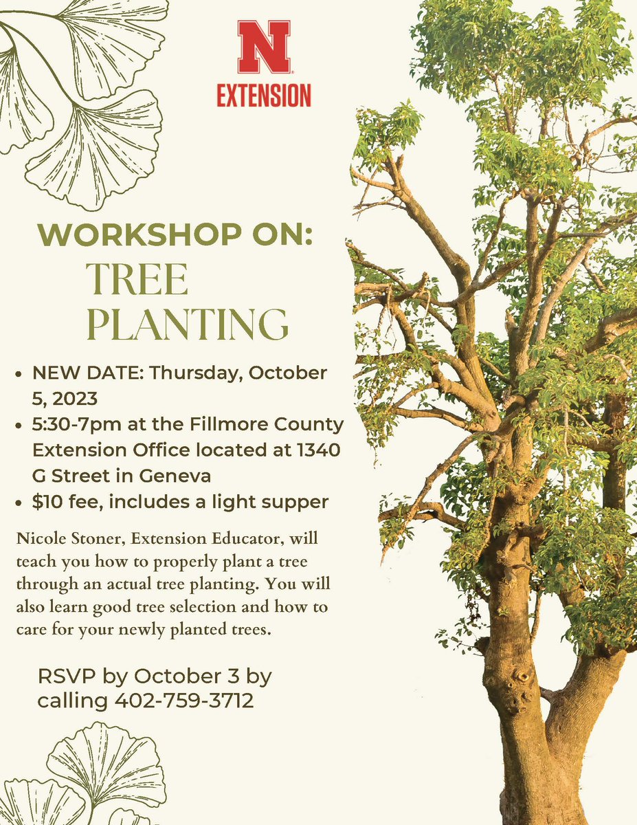 CountyFillmore's tweet image. PROGRAM CHANGE: Due to unforeseen circumstances, the Tree Planting workshop that was scheduled for Thursday, Sept. 28th has been moved to Thursday, Oct. 5th. starting at 5:30 pm at the Fillmore Co. Extension Office. Still room to sign-up! @UNLExtension #trees #horticulture