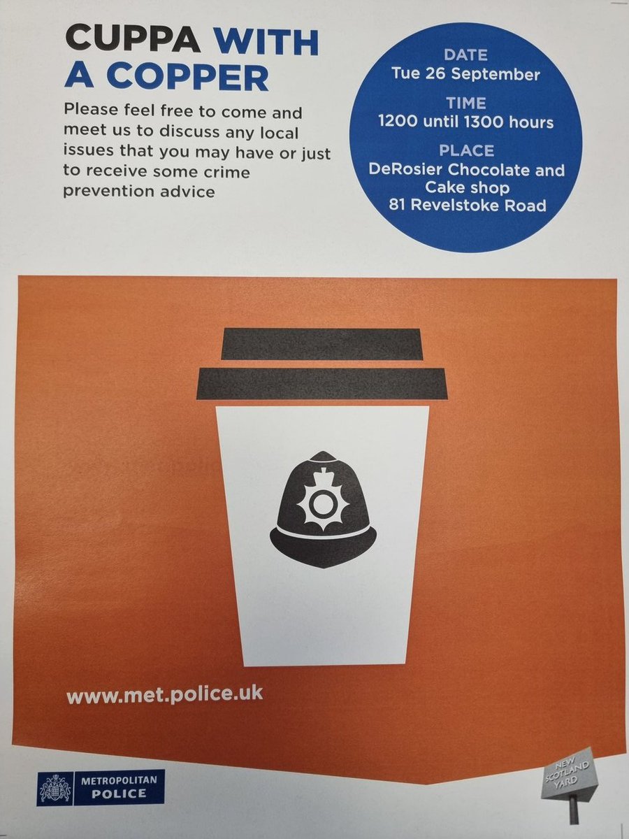 We will be at DeRosier Chocolate and Cake shop tomorrow, Tuesday 26th September between 1200-1300 hours. Please feel free to come and speak to us if you have any local issues or would like some crime prevention advice.