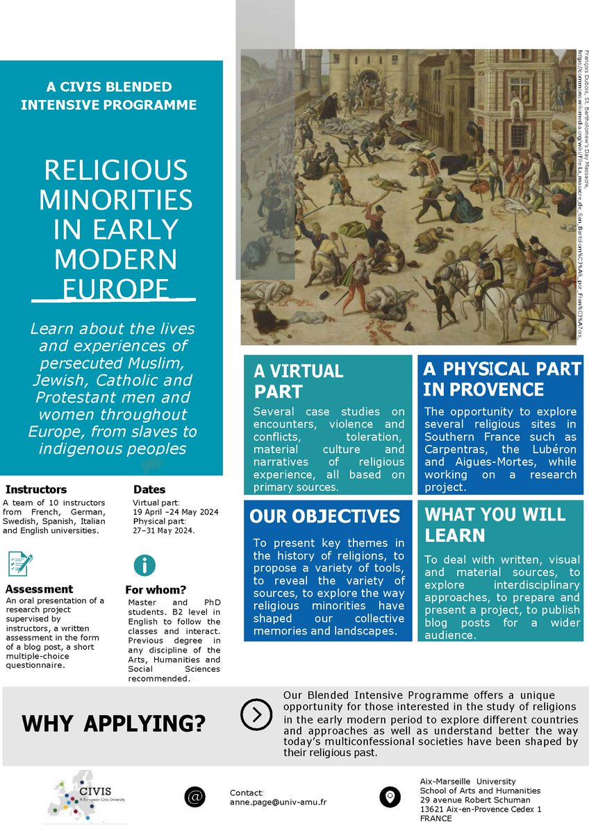 A fascinating European Blended Intensive Programme on religious minorities in early modern Europe organized by @AnneDunanPage is now open to MA and Ph.D. students from CIVIS universities @civis_eu. Learn more here: civis.eu/en/civis-cours… #twitterstorians