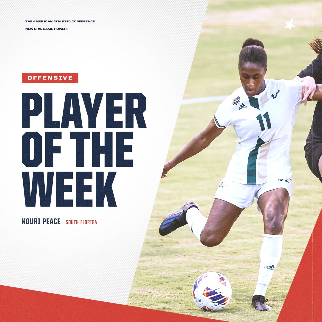 American_Conf's tweet photo. ⚽️𝐎𝐟𝐟𝐞𝐧𝐬𝐢𝐯𝐞 𝐏𝐥𝐚𝐲𝐞𝐫 𝐨𝐟 𝐭𝐡𝐞 𝐖𝐞𝐞𝐤⚽️

Kouri Peace x @USFWSOC 

#AmericanWSOC https://t.co/WLi13XKgYU