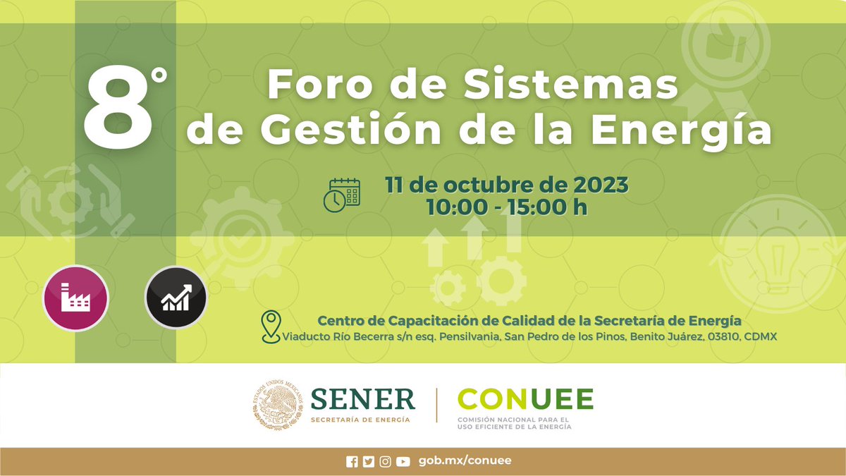 La comunidad de <a href="/Com_industria/">Comunidad Industria</a> y <a href="/PymesConuee/">MiPyMES</a> organizan el 8️⃣ Foro de Sistemas de Gestión de la Energía #SGEn
¡Aparta la fecha!
🗓11 de octubre
📍Evento presencial - Centro de Capacitación de Calidad de la Secretaría de Energía
Ve más en #CapacítateEE 🖱bit.ly/3lbhSJ4
