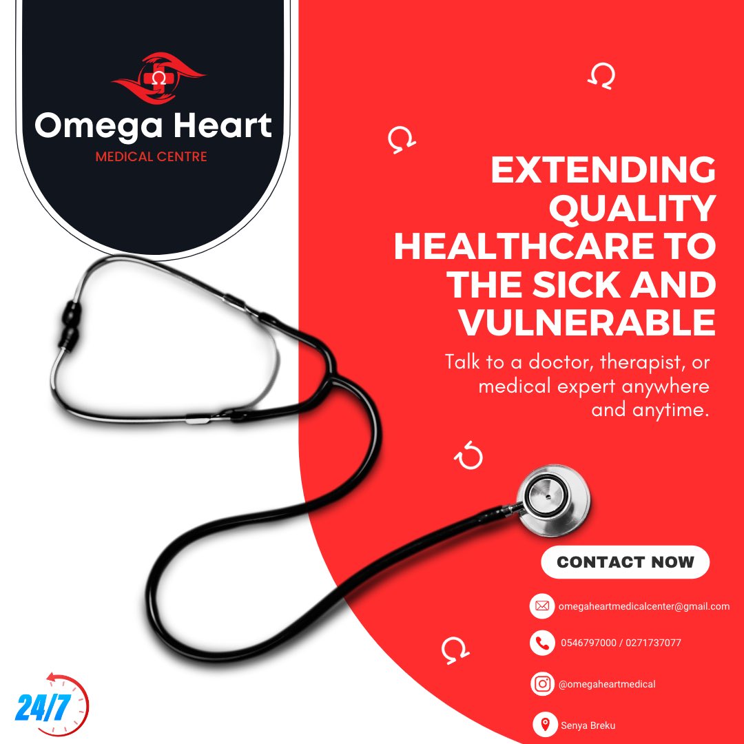 Omegamedical22's tweet image. Prioritizing heart care for a healthier tomorrow. Taking the first step towards a stronger heart and a longer life. 💪❤️
Call us at 0546797000 / 0271737077 or stop by our clinic at Senya Breku, Central Regio. #Heartcareservice #disease #healthcare #MedicalTreatment #problem