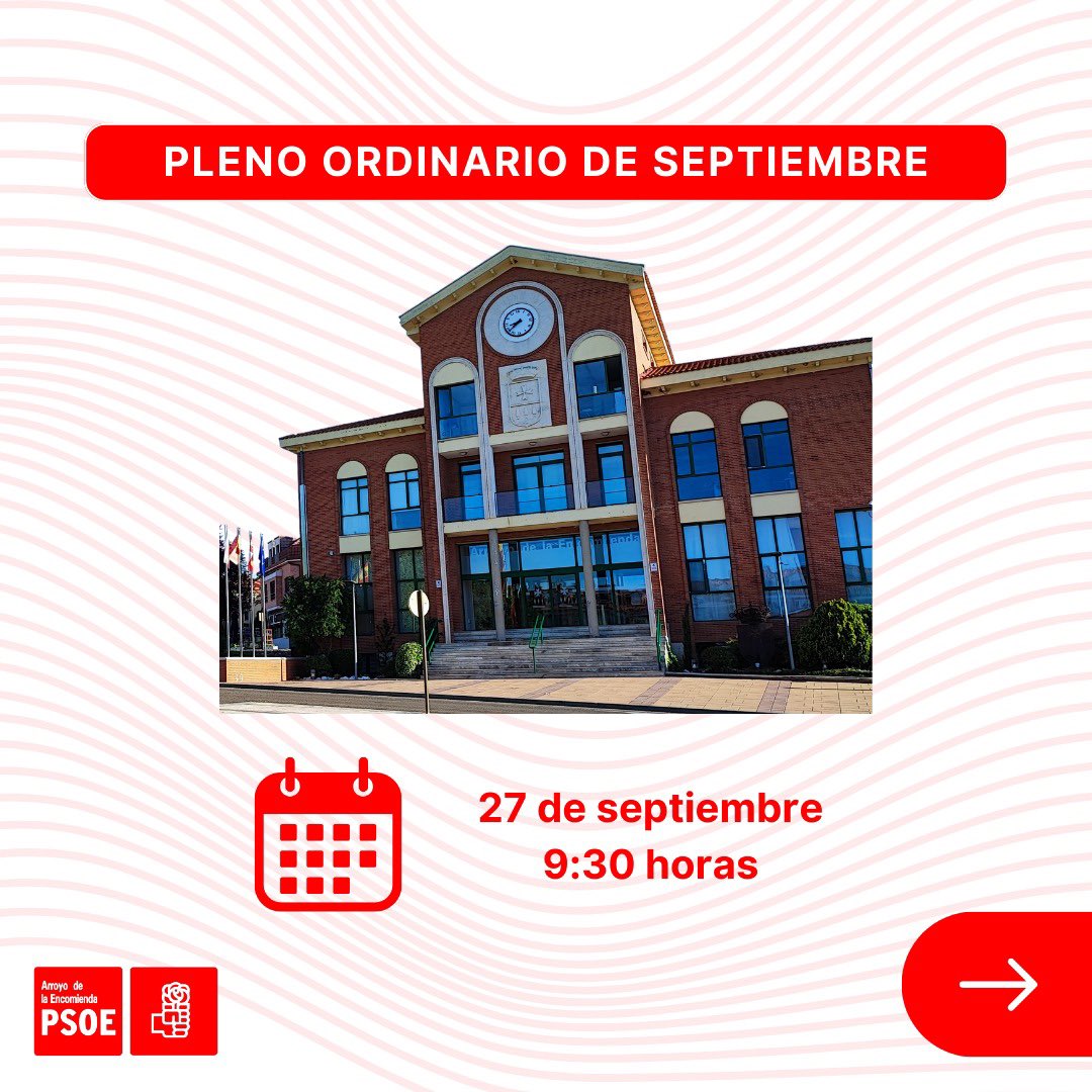 psoearroyo's tweet photo. Miércoles 27 de septiembre a las 9:30 horas se celebra el Pleno Ordinario #arroyodelaencomienda

Te esperamos en el #salóndeplenos del @AytoArroyo https://t.co/aLK7nWj8bj