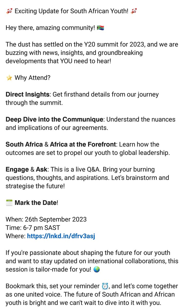 Hello to South African youth 🇿🇦!

Are you curious to learn more about the G20 Youth Summit?

If yes, join us on Zoom tomorrow at 18:00 - 19:00 SAST ⏰

👉🏽 Link: us02web.zoom.us/webinar/regist…
