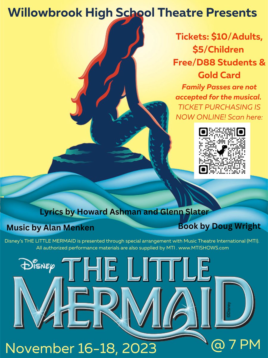 Willowbrook's fall musical, The Little Mermaid, sets sail November 16-18 at 7 PM! 

Our ticket presale is now online!   Visit dupage88.net/site/page/15745 for more information!