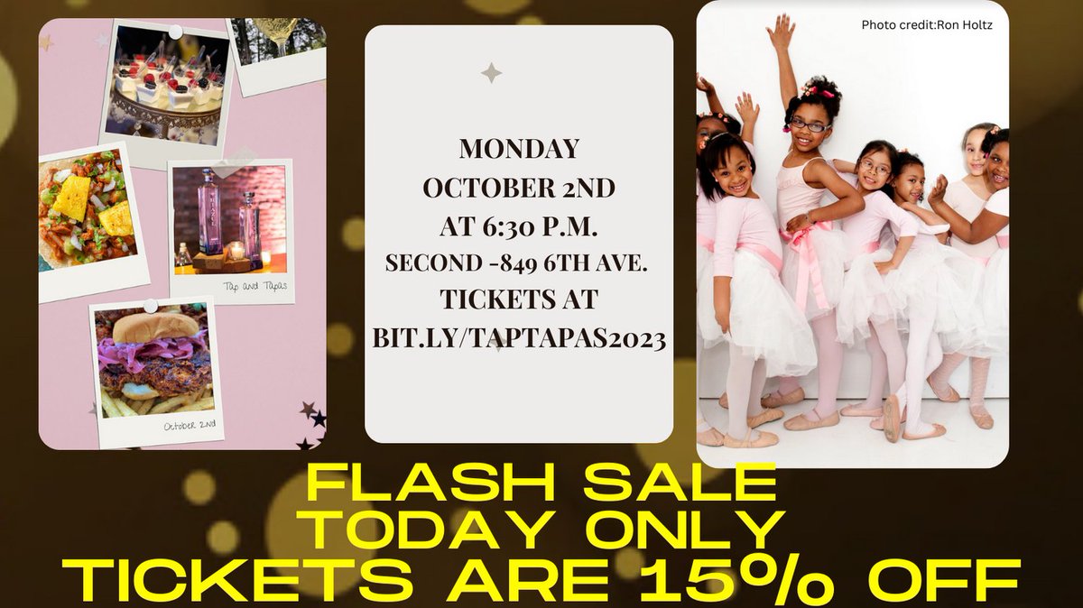 Have you been putting off buying your ticket? Today only single tickets are 15% off. bit.ly/taptapas2023 tickets are $170 today. Eat at 7 restaurants. Unlimited drinks. performances. no better deal than that. Every dollar goes to a free dance school for girls in Harlem.